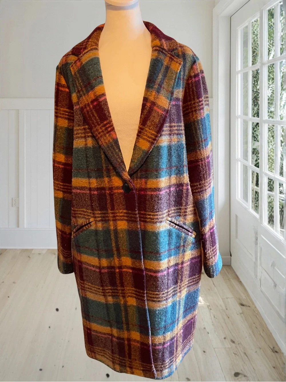 RACHEL ZOE Womens Large Plaid Wool Blend Overcoat NWOT Teal Gold Burgundy Coat - Picture 2 of 14